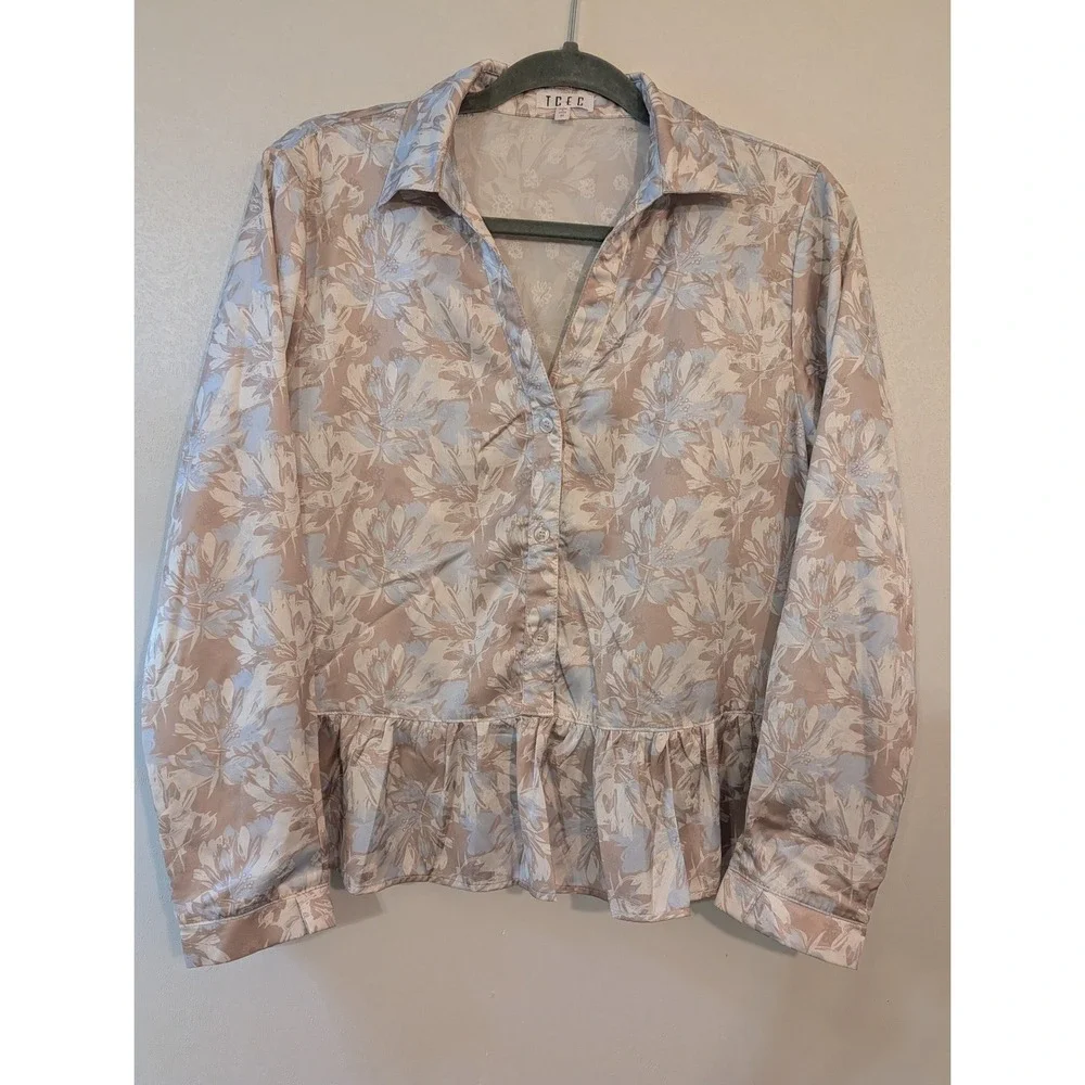 TCEC‎ Floral 2 Piece Set Womens Medium Blue Tan Peplum Top Ruffle Shorts CST1004